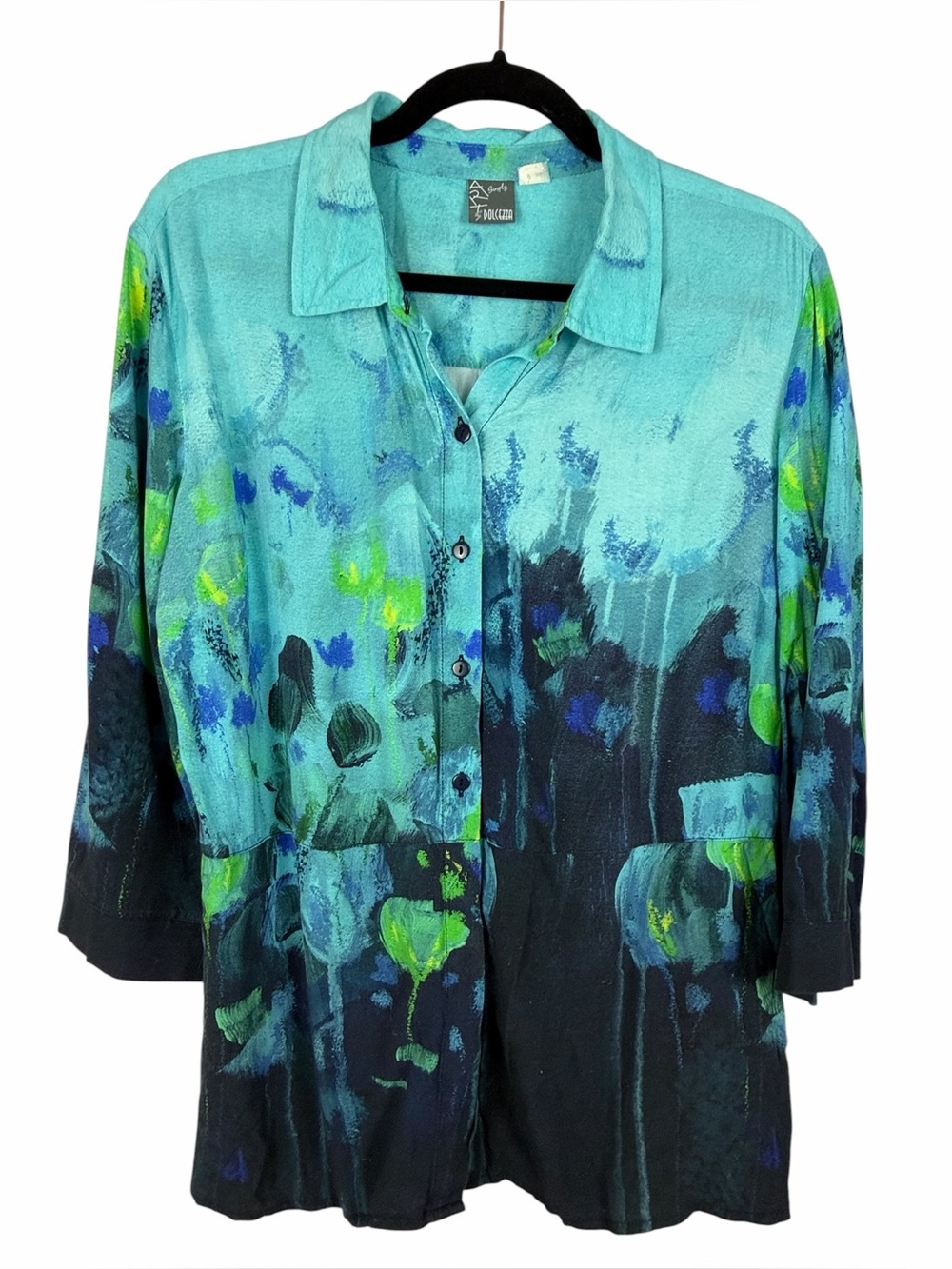 Dolcezza Simply Art Wear Abstract Tunic Blouse Medium Blue Green Artistic